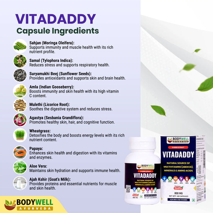 VitaDaddy Multivitamin (ABCDEK), Minerals and Amino Acids, 800mg, Veg. Capsules